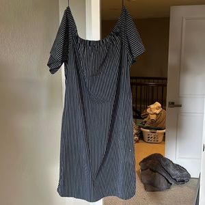 Banana Republic off the shoulder blue and white striped dress